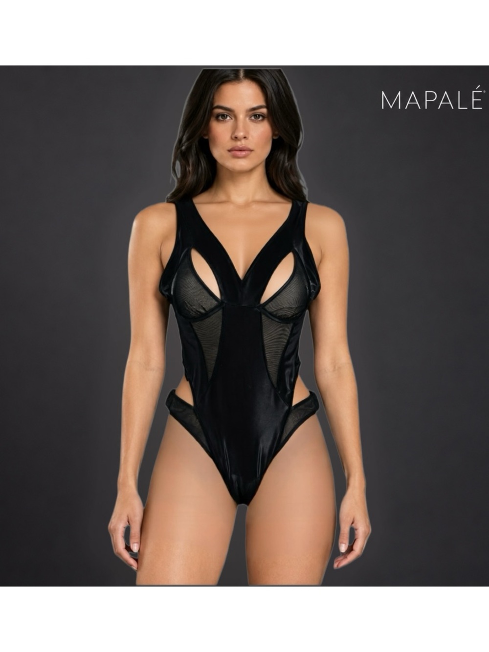 Mapalé Black Wet-Look Mesh Cutout Bodysuit – Size S/M – NWT
